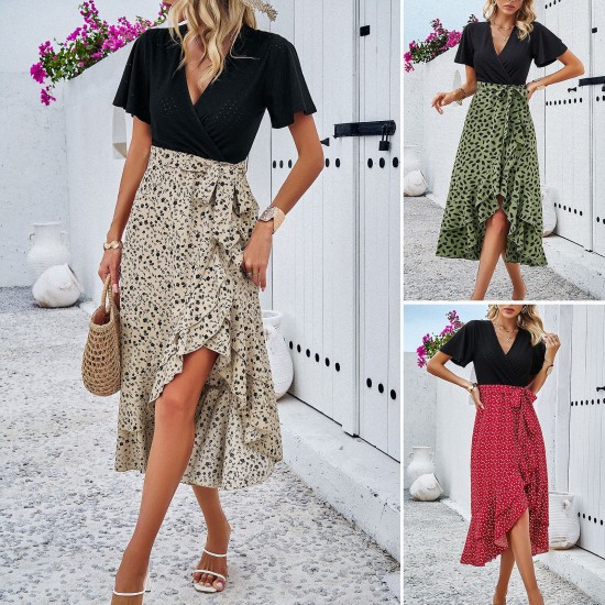 Diyun European and American women's clothing Amazon Cross-border 2024 Spring/Summer export elegant color-blocking short-sleeved V-neck dress