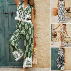 Di Yun's Spring/Summer 2025 casual vacation style Bohemian print contrasting color waistcoat top long pants set women's wear