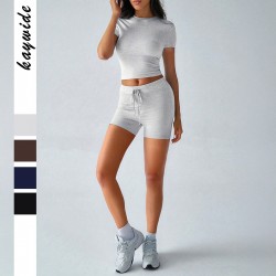 Diyun Cross-border European and American yoga sporty Style solid color short-sleeved belt and short pants women's set for Spring/Summer 2025 Amazon