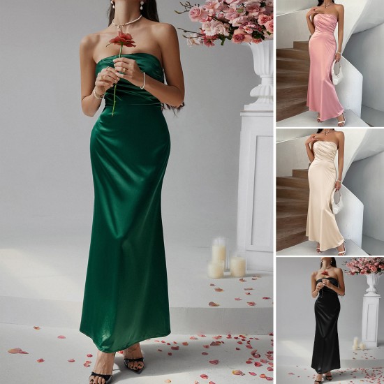 Diyun Cross-border 2025 Spring/Summer European and American French sexy Slimming Solid color strapless evening dress Dress Long Dress Women's wear Diyun Cross-border 2025 Spring/Summer European and American French sexy Slimming Solid color strapless evening dress Dress Long Dress Women's wear