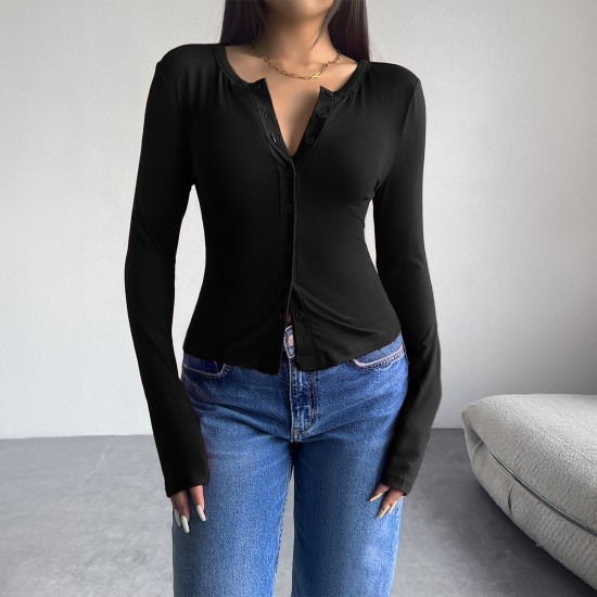 Diyun Cross-border Trade Amazon 2024 Autumn/Winter Women's Top Y2K Solid Color Slimming Cardigan Button Long-sleeved T-shirt Diyun Cross-border Trade Amazon 2024 Autumn/Winter Women's Top Y2K Solid Color Slimming Cardigan Button Long-sleeved T-shirt