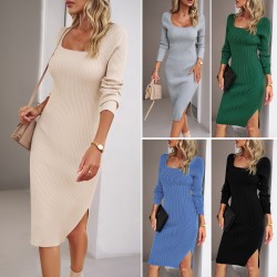 Diyun's European and American cross-border Amazon square-neck woolen dress for autumn and winter 2023, an elegant and form-fitting long dress for foreign trade