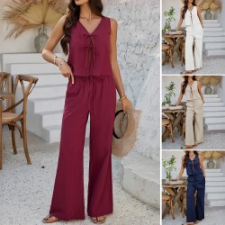 Diyun Cross-border 2025 Spring/Summer Women's Casual Vacation Style Solid Color sleeveless lace-up top wide-leg long pants set