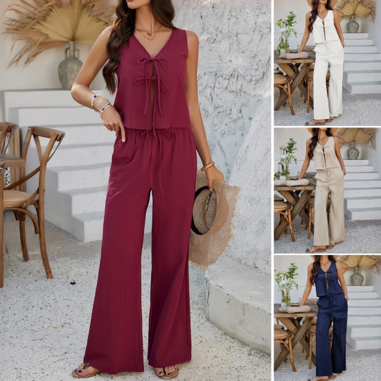 Diyun Cross-border 2025 Spring/Summer Women's Casual Vacation Style Solid Color sleeveless lace-up top wide-leg long pants set