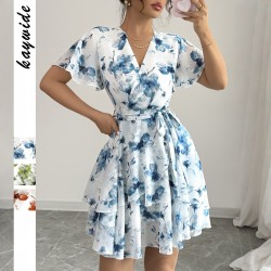Diyun European and American Casual vacation printed short-sleeved cake dress, skirt, dress, women's clothing, Spring/Summer 2025, Amazon