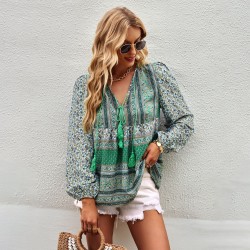 Self-developed and designed Amazon-style Pomixia vacation-style shirt, color-blocking print, all-season top and shirt for women