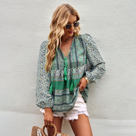 Self-developed and designed Amazon-style Pomixia vacation-style shirt, color-blocking print, all-season top and shirt for women