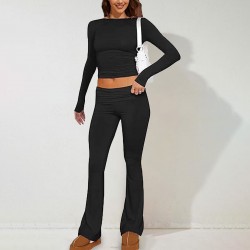 Diyun European and American Women's Clothing Amazon Cross-border 2024 Spring/Summer Export Casual Solid Color Slim Long-sleeved Knitted Pants Set