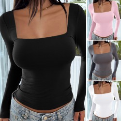 Diyun Cross-border European and American 2024 Spring/Summer Y2K new square-neck long-sleeved pullovers tight casual fashion top for women