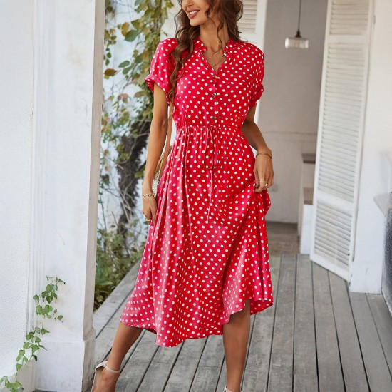 Diyun 2025 Spring/Summer Cross-border European and American Style Casual Vacation Trend Point Printed high-waisted lace-up Dress women's clothing Diyun 2025 Spring/Summer Cross-border European and American Style Casual Vacation Trend Point Printed high-waisted lace-up Dress women's clothing