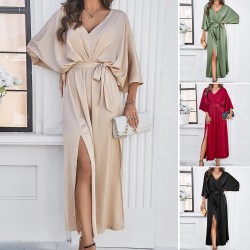 Diyun Cross-border Amazon European and American Women's Clothing 2025 Spring/Summer Export elegant high-waisted V-neck loose dress