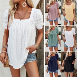 Diyun European and American women's clothing Amazon Spring/Summer 2024 Export Casual solid color square neck hollowed-out short-sleeved shirt top