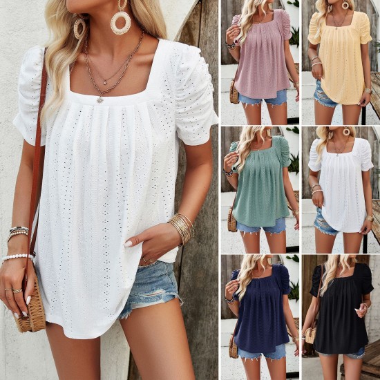 Diyun European and American women's clothing Amazon Spring/Summer 2024 Export Casual solid color square neck hollowed-out short-sleeved shirt top Diyun European and American women's clothing Amazon Spring/Summer 2024 Export Casual solid color square neck hollowed-out short-sleeved shirt top