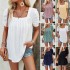 Diyun European and American women's clothing Amazon Spring/Summer 2024 Export Casual solid color square neck hollowed-out short-sleeved shirt top