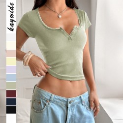 Diyun Cross-border European and American Y2K Spicy Girl Style Button Lace short-sleeved T-shirt women's clothing 2025 Spring/Summer Amazon Independent Store