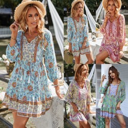 Self-shot Amazon casual vacation-style dress and short skirt 2023 Spring/Summer positioning Floral women's fashion and temperament