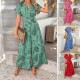 Di Yun's Spring/Summer 2025 cross-border European and American printed casual vacation style women's wear with a waisted short-sleeved shirt, wide-leg one-piece long pants