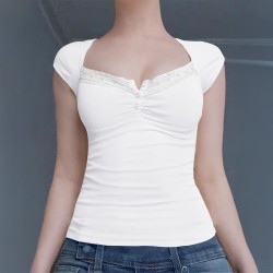 Di Yun's Spring/Summer 2025 Amazon Cross-border European and American Y2K Sexy Slimming Knitted lace short-sleeved top Women's T-shirt