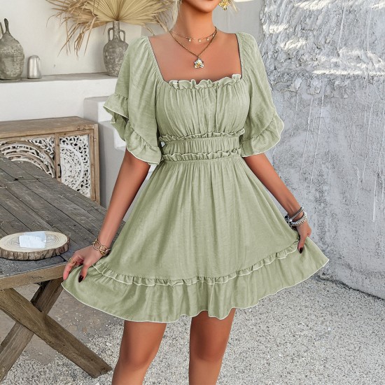 Diyun Cross-border 2025 Spring/Summer European and American casual vacation style solid-color black ear-trimmed short-sleeved dress, children's short skirt