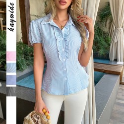 Diyun Cross-border European and American Casual Vacation striped Button short-sleeved shirt women's clothing 2025 Summer Amazon Independent Station