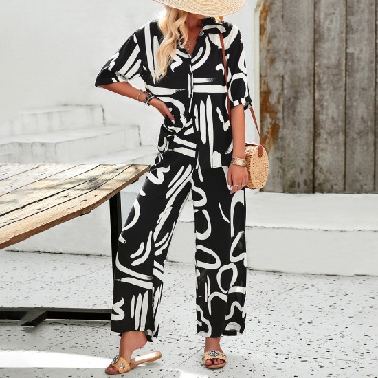 Diyun Cross-border European and American Women's Clothing Bohemian Vacation Style 2025 Spring/Summer Casual Printed short-sleeved pants Set Diyun Cross-border European and American Women's Clothing Bohemian Vacation Style 2025 Spring/Summer Casual Printed short-sleeved pants Set