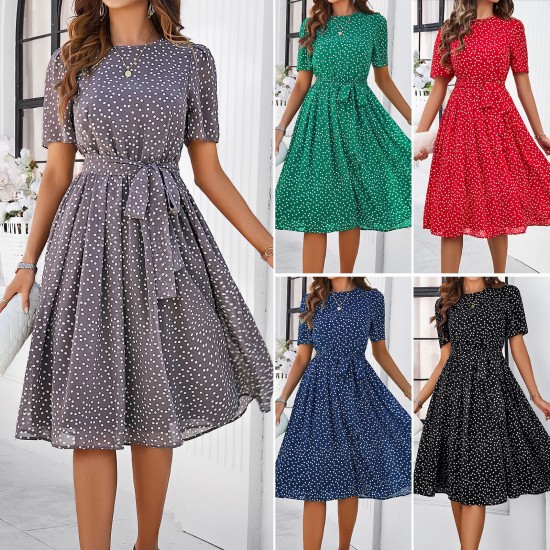Diyun Cross-border Trade European and American women's clothing Amazon Spring/Summer 2025 Casual polka dot Tie Long Dress Diyun Cross-border Trade European and American women's clothing Amazon Spring/Summer 2025 Casual polka dot Tie Long Dress