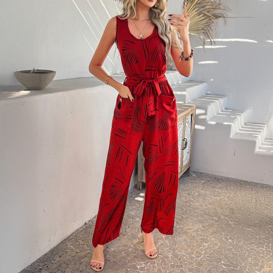 Diyun Cross-border European and American 2025 Spring/Summer Casual Vacation Style Cotton Printed High-waisted pocket one-piece Long Pants women's clothing Diyun Cross-border European and American 2025 Spring/Summer Casual Vacation Style Cotton Printed High-waisted pocket one-piece Long Pants women's clothing