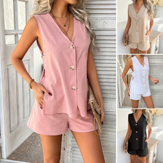 Di Yun 2025 Spring/Summer Cross-border European and American Casual Vacation Style cotton solid color cardigan, vest and short pants set women's clothing Di Yun 2025 Spring/Summer Cross-border European and American Casual Vacation Style cotton solid color cardigan, vest and short pants set women's clothing
