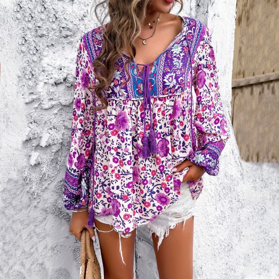 Diyun European and American Women's Clothing Independent Station Cross-border Trade 2025 Spring/Summer Casual Vacation Printed T-shirt Long-sleeved Women's Shirt Diyun European and American Women's Clothing Independent Station Cross-border Trade 2025 Spring/Summer Casual Vacation Printed T-shirt Long-sleeved Women's Shirt