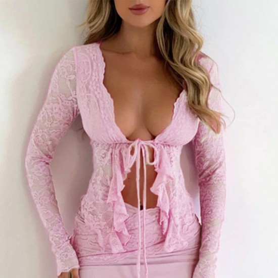 Diyun Cross-border 2025 Spring/Summer European and American Y2K Sexy Cut-out See-through cardigan with lace-up and lace long-sleeved women's top Diyun Cross-border 2025 Spring/Summer European and American Y2K Sexy Cut-out See-through cardigan with lace-up and lace long-sleeved women's top