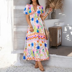 Diyun's Spring/Summer 2025 Cross-border casual Pomixia vacation style printed color-blocking V-neck high-waisted short-sleeved dress