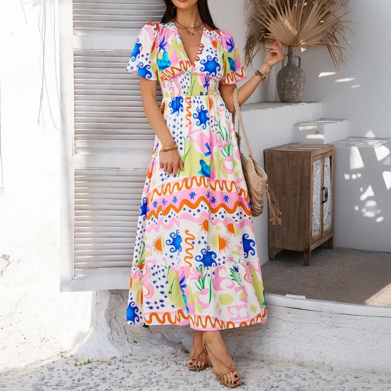 Diyun's Spring/Summer 2025 Cross-border casual Pomixia vacation style printed color-blocking V-neck high-waisted short-sleeved dress Diyun's Spring/Summer 2025 Cross-border casual Pomixia vacation style printed color-blocking V-neck high-waisted short-sleeved dress