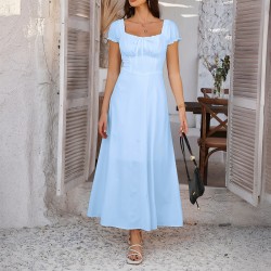 Diyun European and American Foreign Trade 2025 Spring/Summer Elegant solid color French dress with pleated puffed sleeves for women