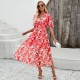 Diyun's European and American dress women's Amazon Spring/Summer 2024 vacation print waist-waist V-neck chiffon short-sleeved long dress