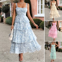 Diyun Cross-border 2025 Spring/Summer European and American style forest-themed small floral contrasting color chiffon halter dress for children