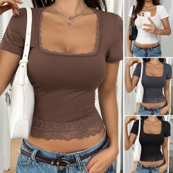 Diyun 2025 Spring/Summer Cross-border European and American Women's top Y2K Sexy Solid Color U-neck lace patchwork bm short-sleeved T-shirt