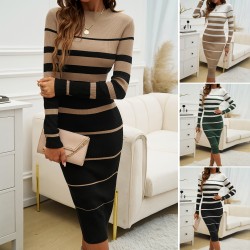 Diyun Cross-border Amazon Independent Station 2024 Autumn/Winter Women's Wear, elegant and fitted, color-blocking long-sleeved dress