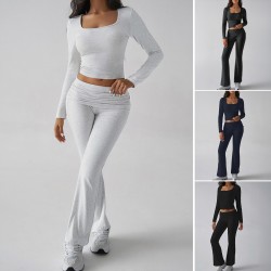 Diyun Cross-border Foreign Trade 2024 Autumn/Winter Solid-color casual knitted long-sleeved top, yoga wear and two-piece pants set for Europe and America