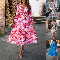 Diyun European and American cross-border V-neck floral print dress 2025 Summer Export women's clothing vacation Casual printed long dress for children