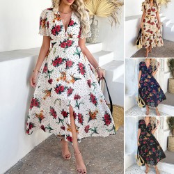 Diyun Cross-border European and American 2025 Spring/Summer Bohemian Sexy Deep V Chiffon Printed short-sleeved dress for children