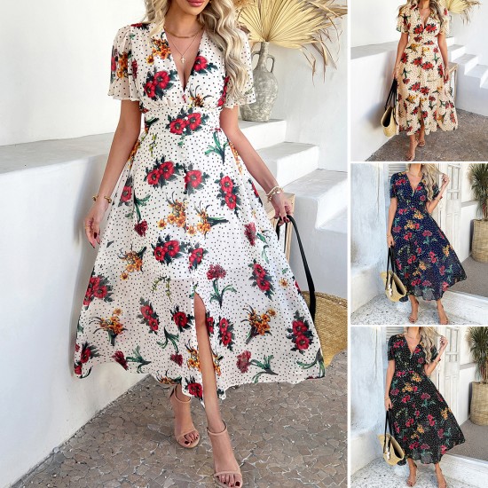 Diyun Cross-border European and American 2025 Spring/Summer Bohemian Sexy Deep V Chiffon Printed short-sleeved dress for children