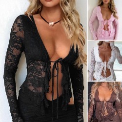 Diyun Cross-border 2025 Spring/Summer European and American Y2K Sexy Cut-out See-through cardigan with lace-up and lace long-sleeved women's top