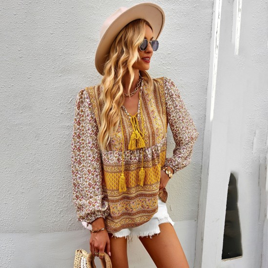 Self-developed and designed Amazon-style Pomixia vacation-style shirt, color-blocking print, all-season top and shirt for women