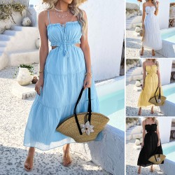 Diyun Cross-border European and American 2025 Spring/Summer Casual Solid color Bohemian vacation style high-waisted patchwork halter dress