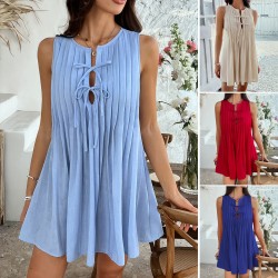 Di Yun's 2025 Spring/Summer cross-border European and American casual vacation style solid color, pleated sleeveless mini dress for children