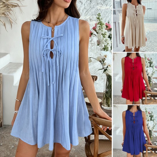 Di Yun's 2025 Spring/Summer cross-border European and American casual vacation style solid color, pleated sleeveless mini dress for children Di Yun's 2025 Spring/Summer cross-border European and American casual vacation style solid color, pleated sleeveless mini dress for children