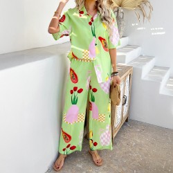 Diyun 2025 Spring/Summer Cross-border European and American Casual Bohemian vacation Style contrasting color printed wide-leg long pants set for women