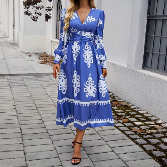 Diyun Cross-border 2024 Autumn/Winter Amazon European and American foreign Trade Women's Wear, elegant color-blocking printed V-neck long-sleeved dress Diyun Cross-border 2024 Autumn/Winter Amazon European and American foreign Trade Women's Wear, elegant color-blocking printed V-neck long-sleeved dress