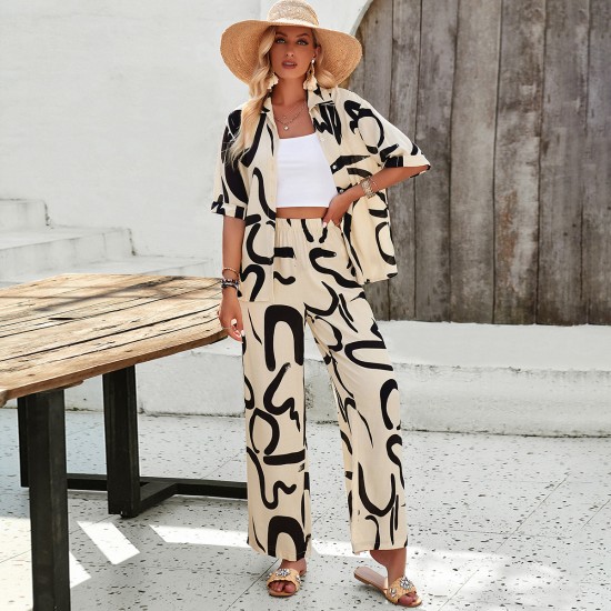 Diyun Cross-border European and American Women's Clothing Bohemian Vacation Style 2025 Spring/Summer Casual Printed short-sleeved pants Set Diyun Cross-border European and American Women's Clothing Bohemian Vacation Style 2025 Spring/Summer Casual Printed short-sleeved pants Set