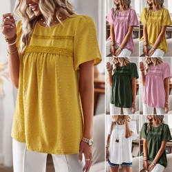 Self-developed and designed Amazon round-neck patchwork top for Spring/Summer 2023 loose women's shirt in solid color